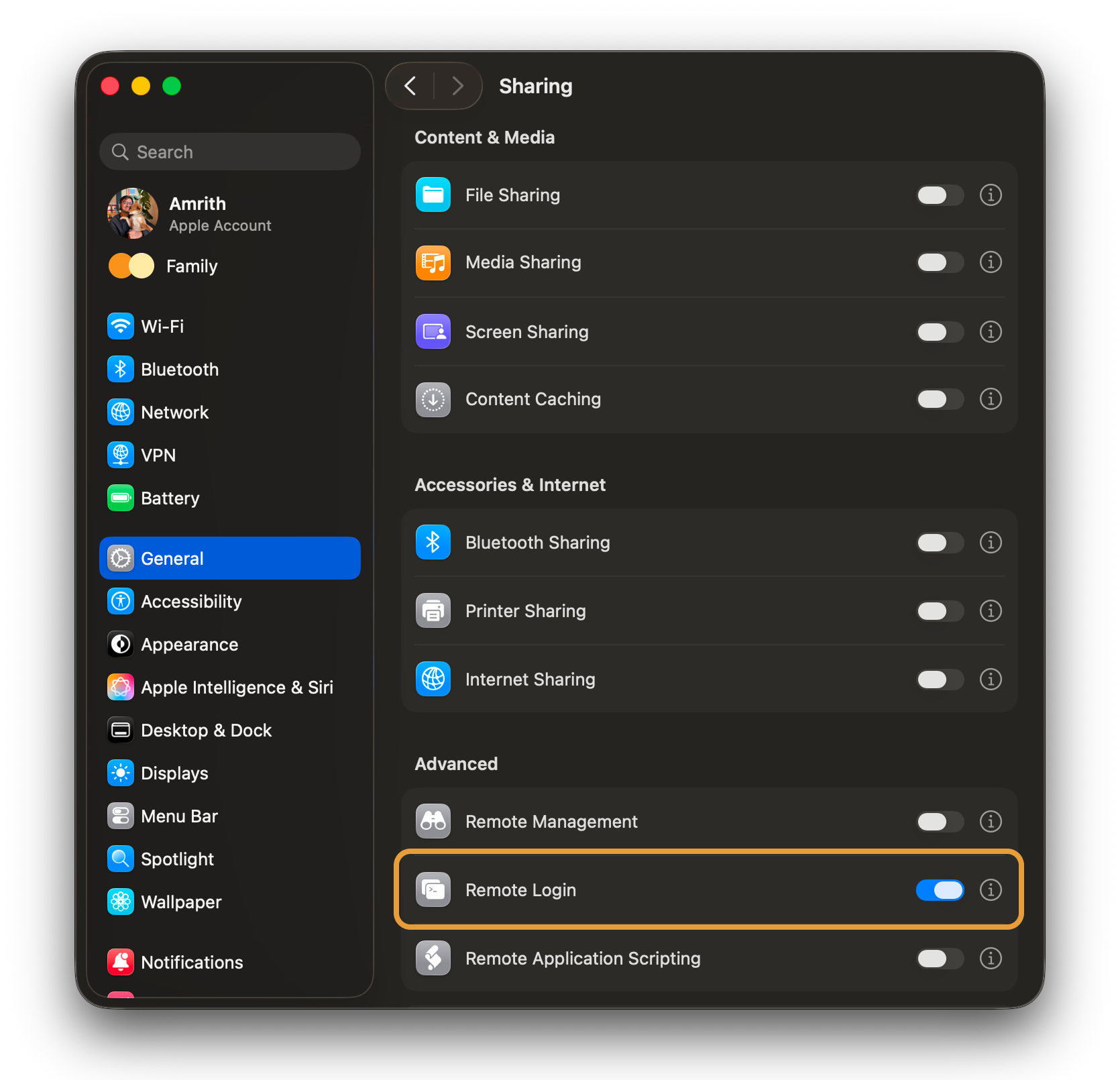 macOS System Settings → General → Sharing, with Remote Login turned on